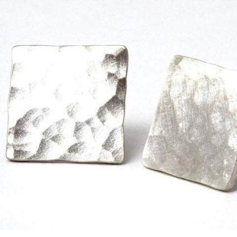 Abstract Hammered Silver Square Stud Earrings