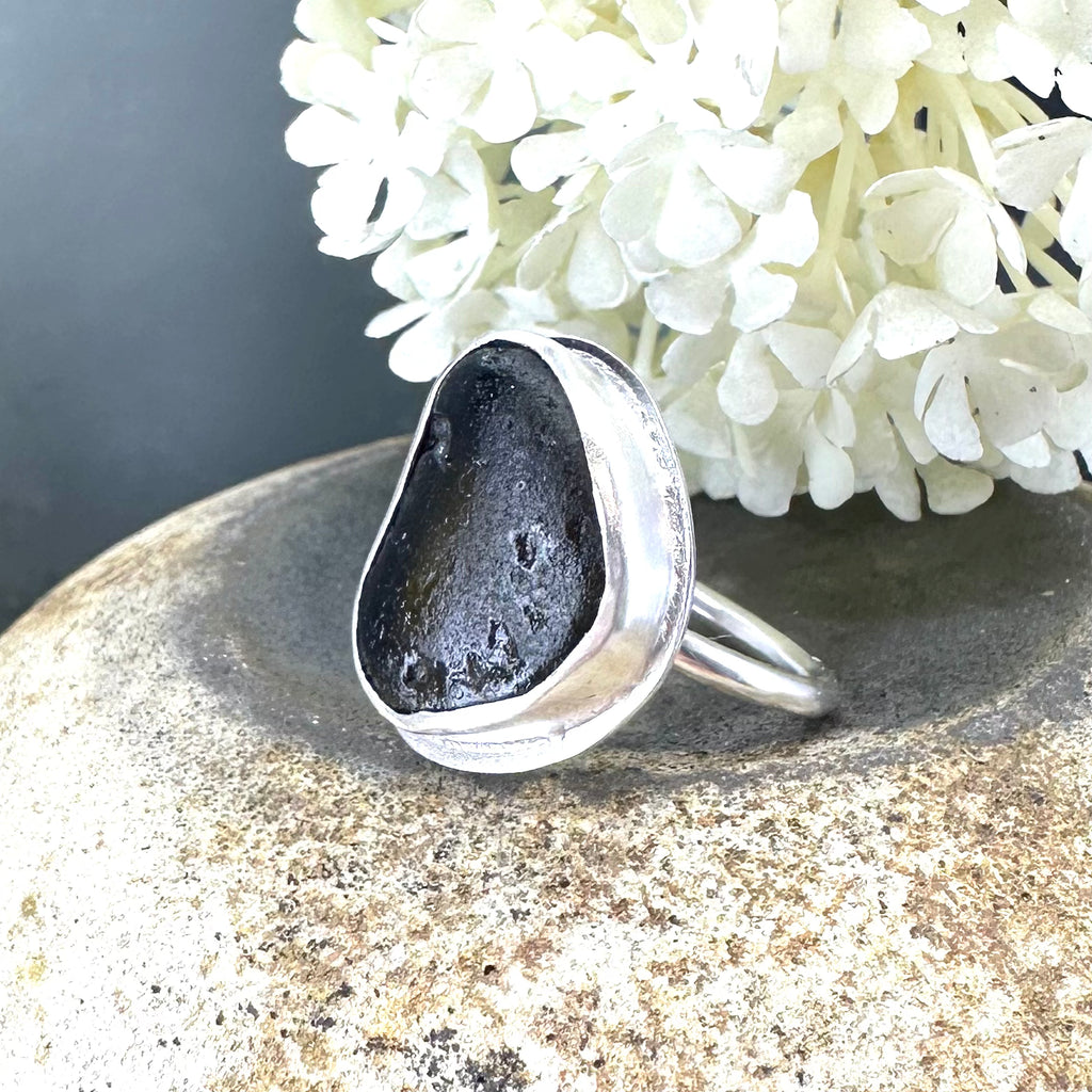 Dark Bottle Green Seaglass Ring