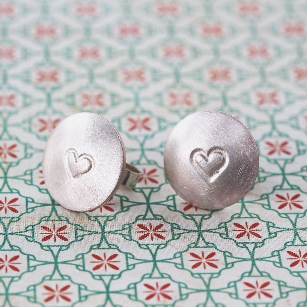 Sterling silver disc earrings with stamped heart