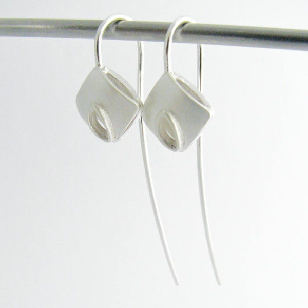Long Silver Wire Leaf Cushion Earrings