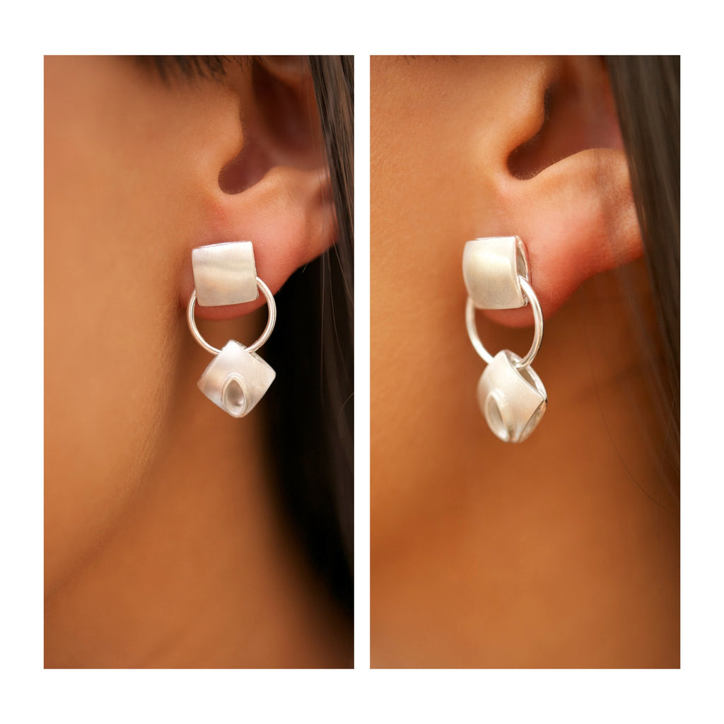 Harlequin Silver Cushion Double Drop Earrings