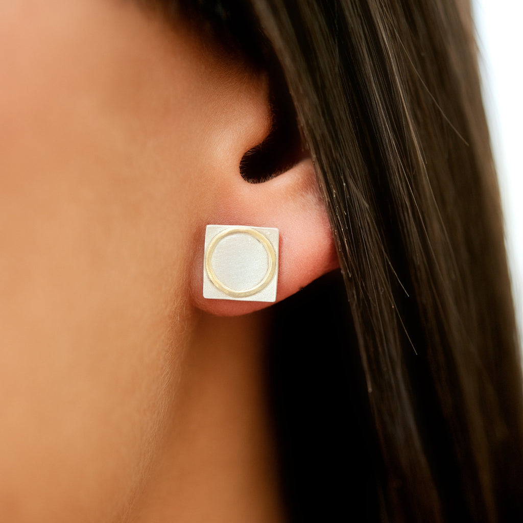 Sterling Silver Square Studs With 18ct Yellow Gold Circle Detail on ear