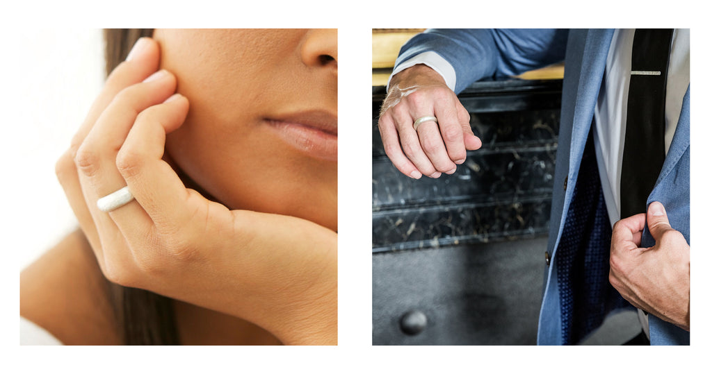 Silver hammered ring worn by men and women