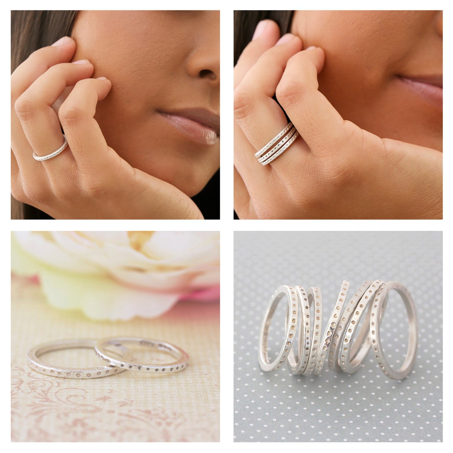 Skinny Dotty Silver Stacking Rings - Personalised