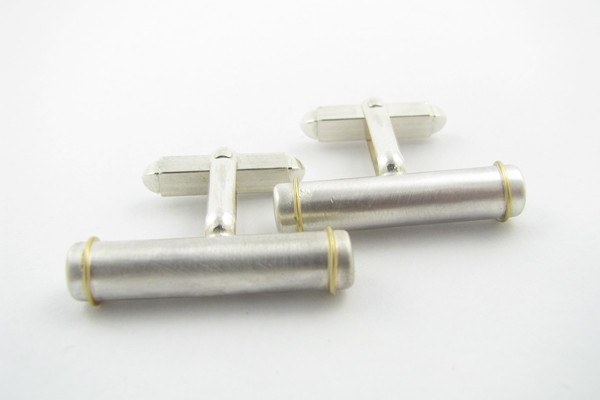 Sterling silver bar cufflinks with gold ring detail